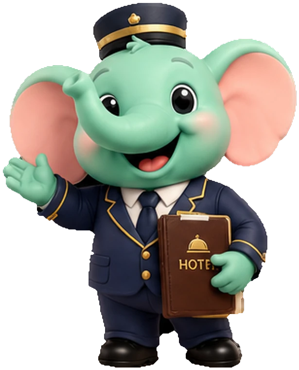 Friendly green elephant in a hotel bellhop uniform, waving and holding a menu — the Shashvat Fintech hotels mascot