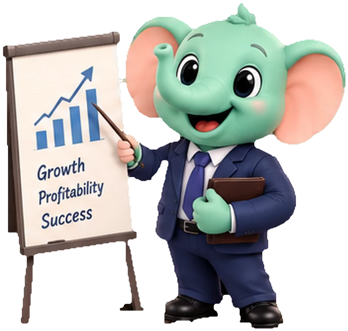 Shashvat's elephant mascot in a suit, pointing at a chart that reads Growth, Profitability, Success